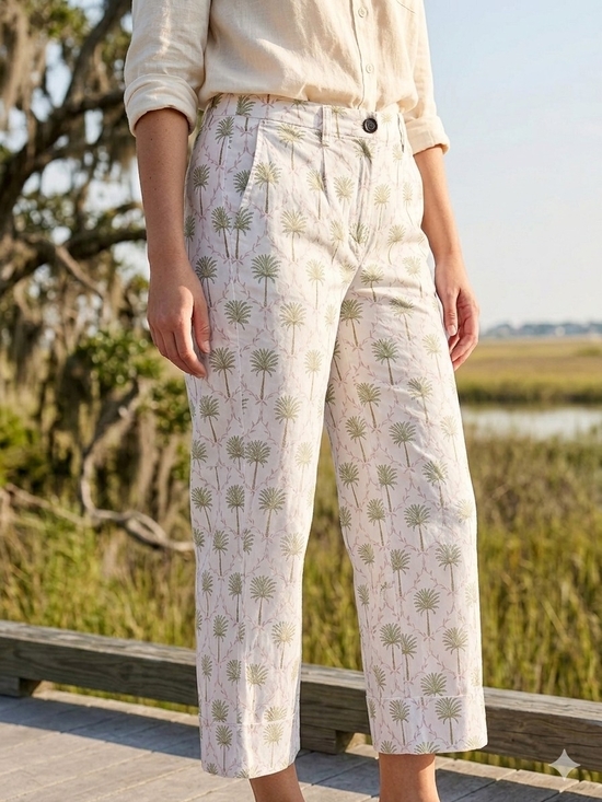 crown & ivy Pants - Crown & Ivy NWT White Green Palm Tree Print Wide Leg Crop Cotton Pants Size 12